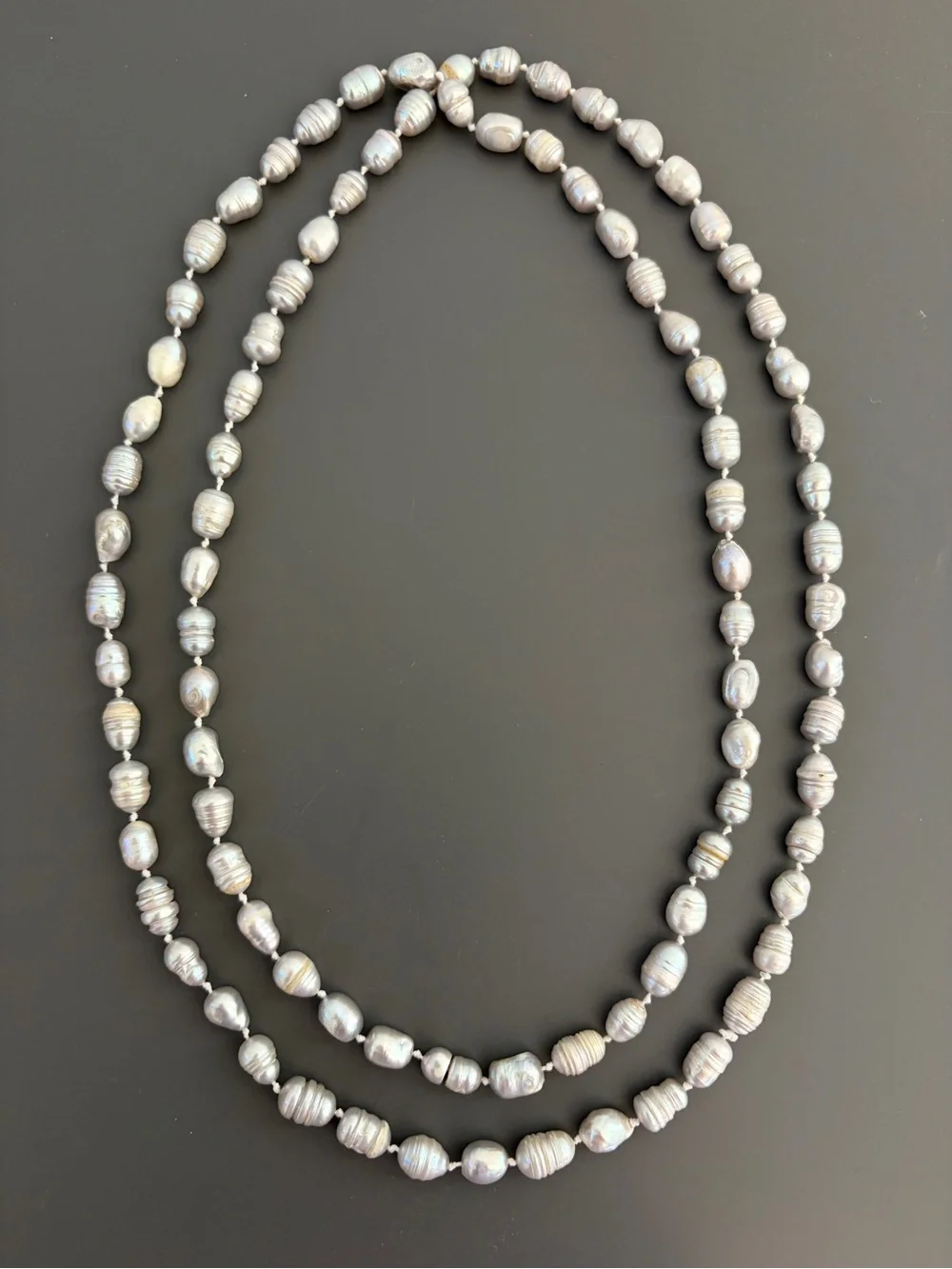 Long Gray Freshwater Baroque Pearl Necklace 48” Endless Knotted Strand